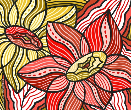 red and yellow flowers doodle color background illustration 