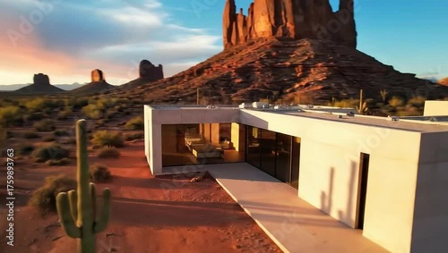 Modern Architecture Against Dramatic Landscape at Sunset in Desert