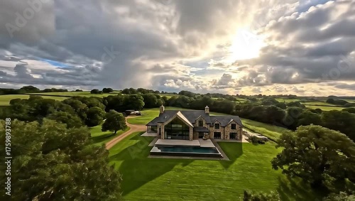 Modern Stone House with Large Windows Surrounded by Lush Landscape