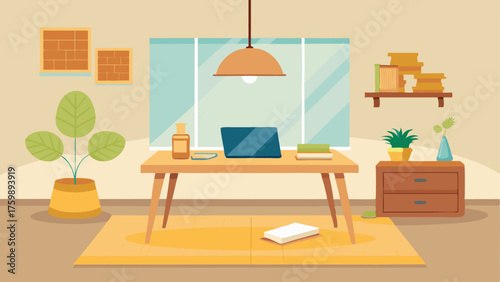 A bright sunlit office space with a mix of natural materials. A wooden desk holds a laptop and a stack of books illuminated by a simple pendant light. A natural jute rug covers the