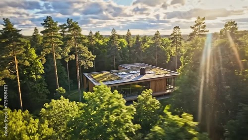 Modern Architectural House Surrounded by Lush Green Forest Landscape
