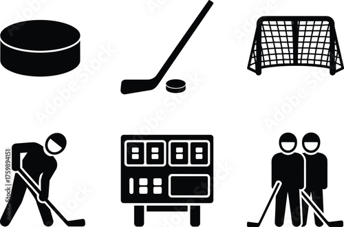 Ice hockey icons, black and white set, puck stick goal, player action, scoreboard symbol, team sport illustration, minimal design, game elements