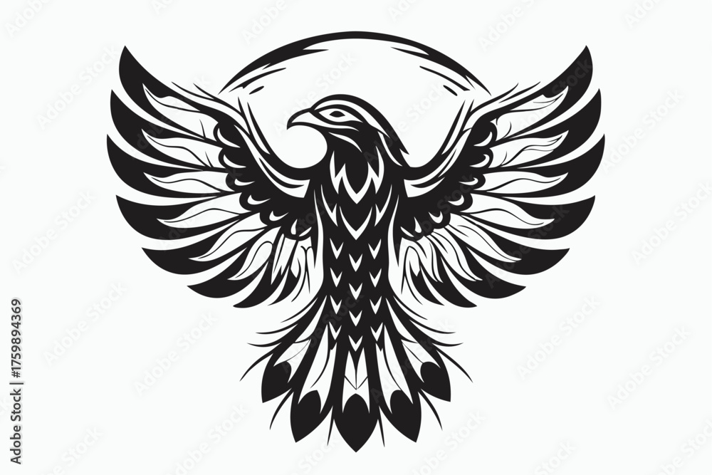 Obraz premium Majestic black eagle soars with stylized wings against a crescent moon, looking determined