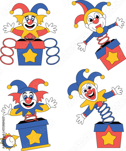 WebJack-in-the-box cartoon clowns, surprise toy design, jester hats, spring mechanism, playful expression, broken part, colorful illustration, white background, whimsical concept