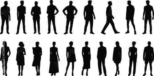 Male and female silhouette set, black figures, fashion diversity, posture variation, white background, minimal design, character modeling, demographic concept, attire contrast