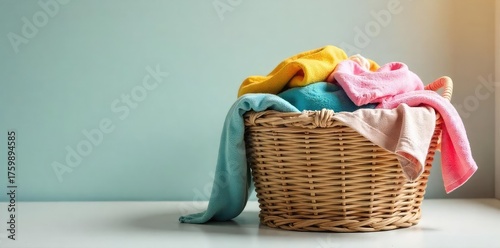 A overflowing woven laundry basket filled with colorful clothes, towels, and bedding, ready for washing Perfect for home organization and cleaning themes , cotton, woven basket