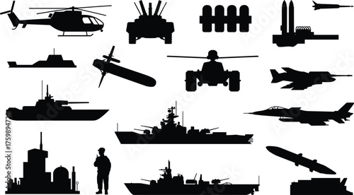 Military asset silhouette set, black vector icons of vehicles, aircraft, ships, and personnel, defense equipment illustration, isolated war technology design