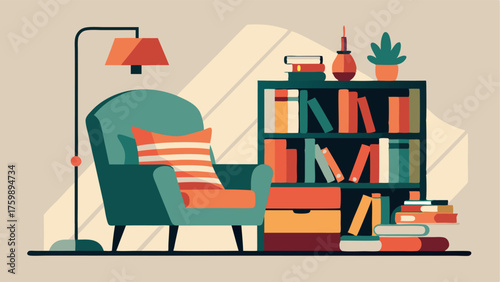 A cozy reading nook with a builtin bookshelf filled with books and decorative objects. A midcentury modern armchair with a muted striped fabric is paired with a floor lamp