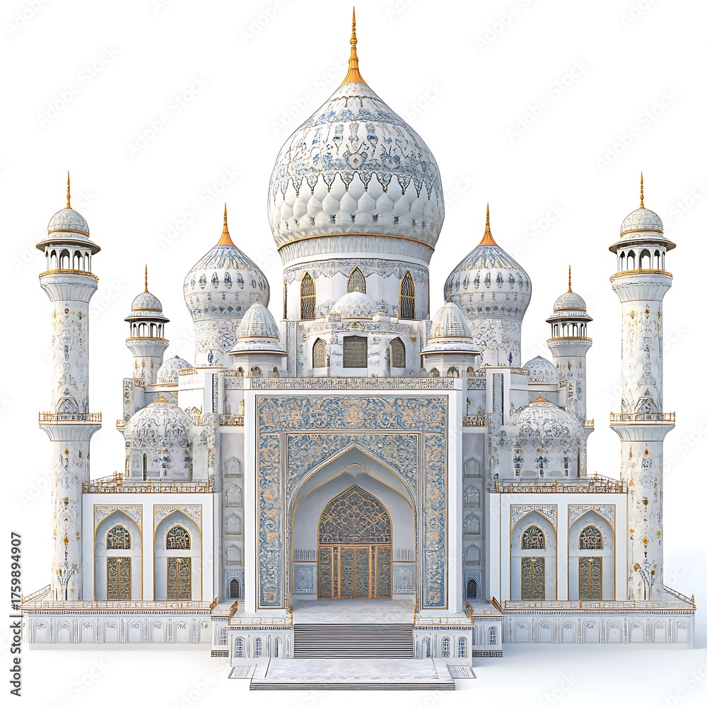Naklejka premium Decorative Taj Mahal Structure with Minarets and Dome on White Background