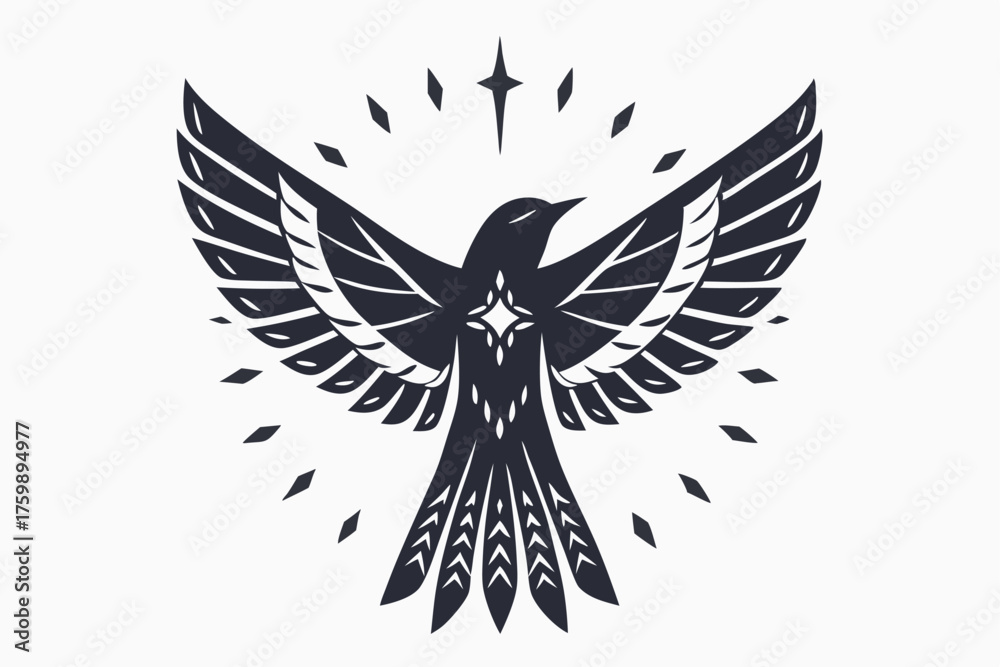 Obraz premium Stylized black soaring bird spreads its wings amidst shining starbursts and diamond particles here