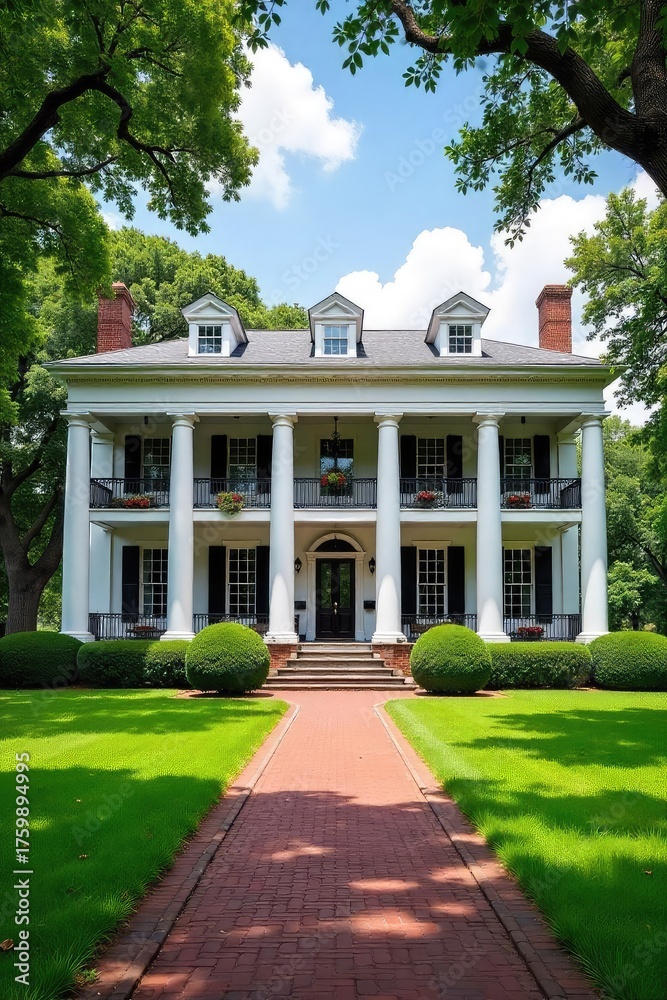 Obraz premium Grand Southern plantation home, classic columns, wide porch, lush landscape, antebellum charm Perfect for historical, architectural, and travel publications , exterior, doors, rural