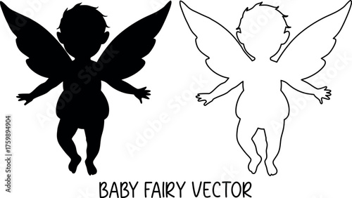 Baby fairy silhouette vector, fairy outline art, angel black symbol