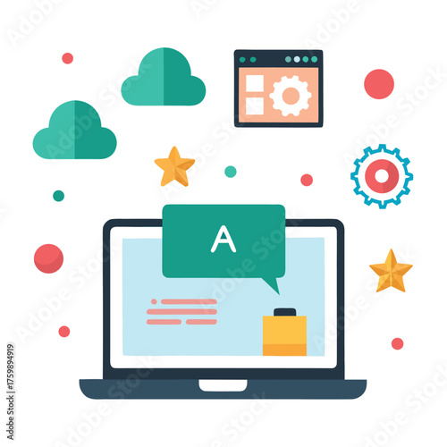 Laptop Showing AI Product Recommendation Icons Vector Icon on White Background – Colorful Flat Icon, E-commerce, Artificial Intelligence, Smart Shopping, Apps, Websites, and UI Design