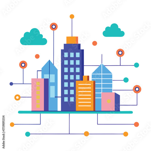 City Buildings with AI Glowing Lines Vector Icon on White Background – Smart City, Artificial Intelligence, Urban Technology, Apps, Websites, and UI Design