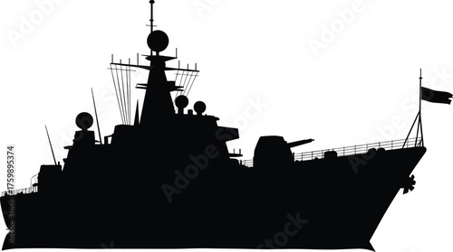 Modern warship silhouette, naval destroyer vector icon, black military ship illustration, maritime defense design, radar-equipped vessel, isolated sea combat graphic