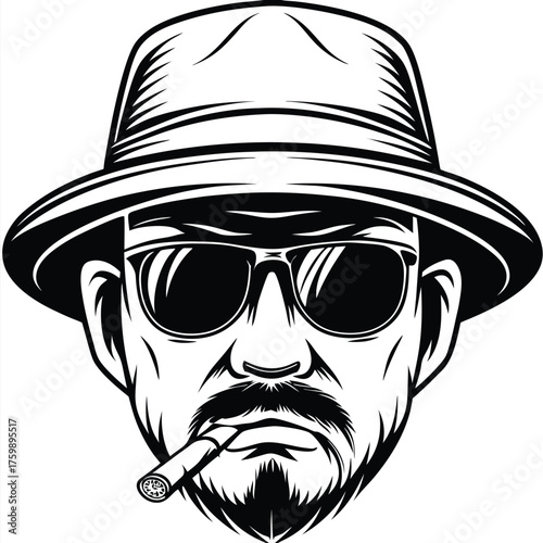 Monochrome portrait showcases bearded man with fedora, sunglasses, and a cigar between his teeth
