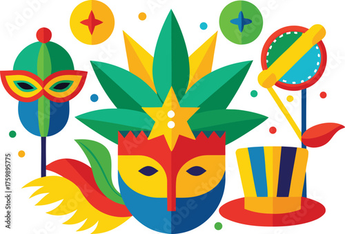Vector art of colorful flat design illustration of carnival masks and festive elements