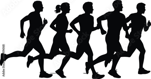 Running silhouettes, athletic motion, fitness activity, side profile runners, black and white design, group exercise, sporty illustration, health concept, minimal style