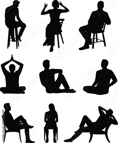 Seated posture silhouettes, meditative poses, chair and stool positions, yoga gestures, black figures, white background, body language, relaxation, art reference