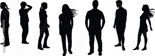 Silhouettes of diverse people, standing poses, black figures, minimal design, body language, gender mix, hairstyle variety, white background, graphic concept, diversity theme