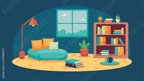 A cozy study nook with a plush rug floor cushions and a small bookshelf perfect for group discussions and collaboration.