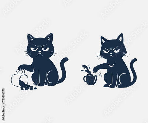 Two grumpy black cats causing mischief, one spilling a drink and the other knocking over a cup, Funny cat T-shirt Graphic.