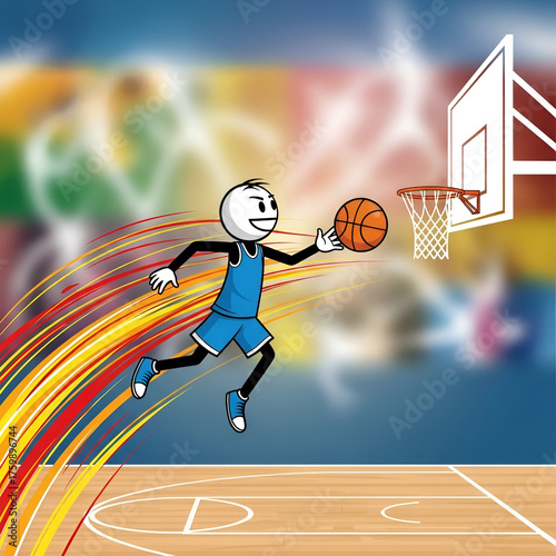 Dynamic illustration of a stick figure character in mid-air, skillfully dribbling a basketball towards a hoop on a court