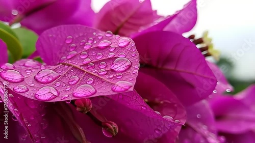 Close up of vibrant pink bougainvillea flowers with glistening water droplets after rain.