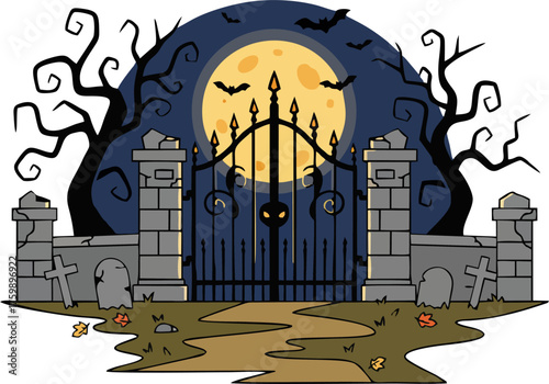 Spooky Halloween Cemetery Gate Vector Illustration, Wrought Iron, Stone Pillars, Full Moon, Bats, Bare Trees, Gravestones, and Autumn Leaves