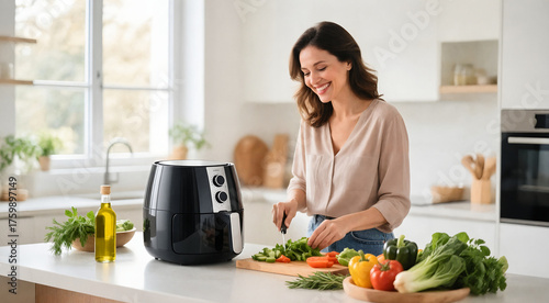 Woman Cooking with Air Fryer