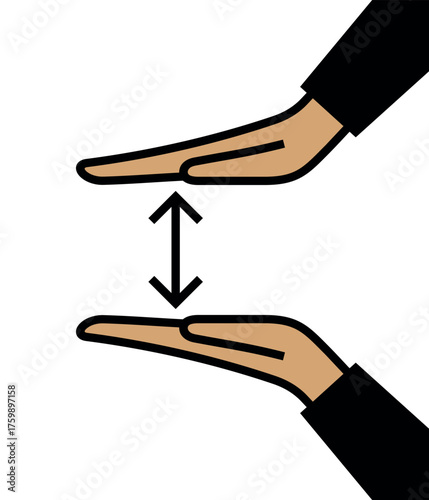 A hand gesture icon indicating size or length, volume, or distance. A pictogram of size or width. A gesture made with two palms, with space between them. Dimensions or parameters.