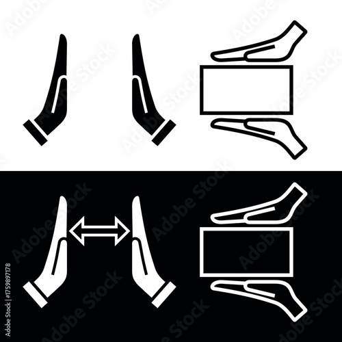 A hand gesture icon indicating size or length, volume, or distance. A pictogram of size or width. A gesture made with two palms, with space between them. Dimensions or parameters.