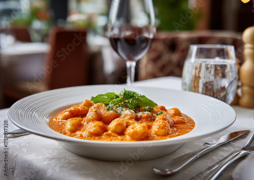 Gnocchi alla Sorrentina, a traditional Italian dish, served on a white plate on a restaurant table