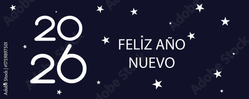 Tarjeta o pancarta para desear un feliz año nuevo 2026 en blanco sobre fondo azul marino con estrellas blancas.