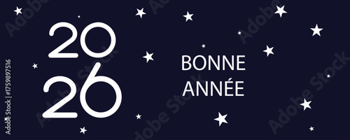 carte ou bandeau pour souhaiter une bonne année 2026 en blanc sur un fond marine avec des étoiles blanches