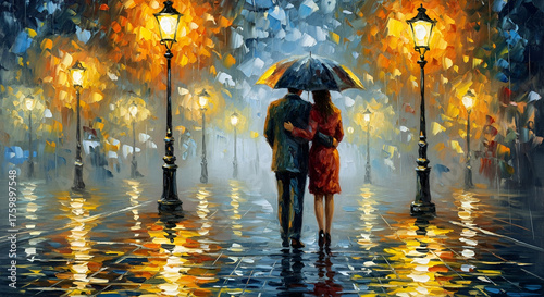 Romantic couple walking under an umbrella in a city street at night with glowing streetlights reflecting on the wet pavement