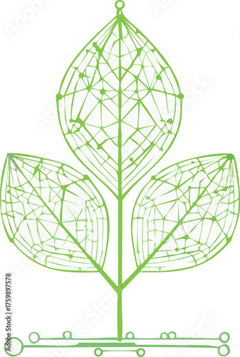 Single line botanical shape merging with digital nodes — minimalist vector illustration representing futuristic eco concept, nature and technology fusion