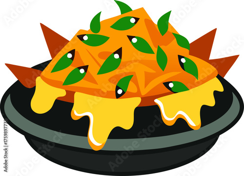Plate of nachos with melted cheese and jalapeños Silhouette black  vector white background