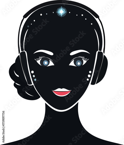 Black silhouette of digital assistant head with small glowing eyes — modern AI robot vector illustration, futuristic technology and artificial intelligence concept
