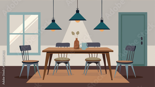 A dining room with a rustic wooden table surrounded by mismatched metal chairs and a vintage pendant light.