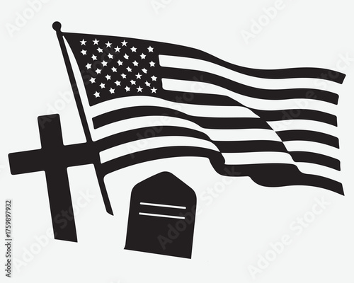 American Flag Waving Over Cross and Gravestone, Symbolizing Sacrifice and Remembrance