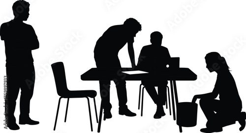 Teamwork silhouettes, collaborative workspace, group project, laptop interaction, standing posture, kneeling figure, black shapes, white background, workplace activity, discussion scene