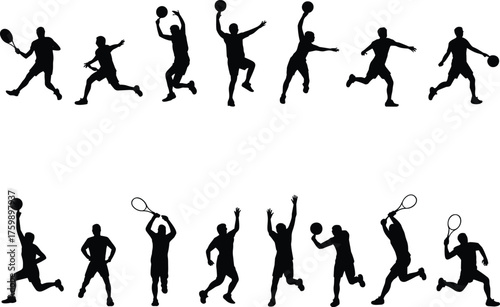 Tennis player silhouettes, athletic motion poses, black and white design, racket action, sports movement, dynamic illustration, fitness concept, minimal style