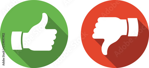 Thumbs up and down icons, feedback gesture vector set, green and red circular buttons, flat design rating symbols, isolated approval graphics