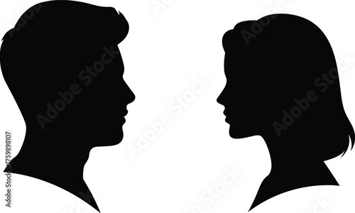 Two human profiles, black silhouettes, minimalist design, face outline, gender contrast, communication theme, white background, artistic concept, identity, interaction, symmetry