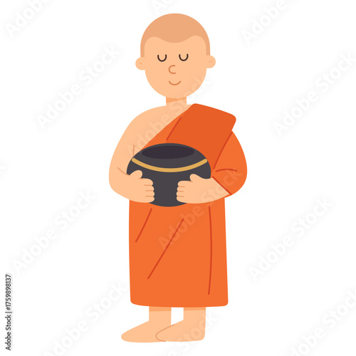 Flat cartoon vector illustration of a Buddhist monk. Spiritual and religious concept in minimal flat design style, perfect for culture, temple, and meditation themes.