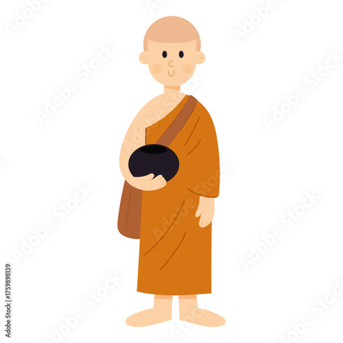 Flat cartoon vector illustration of a Buddhist monk. Spiritual and religious concept in minimal flat design style, perfect for culture, temple, and meditation themes.