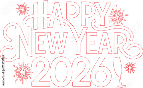 Happy New Year 2026 Festive Greeting with Fireworks and Champagne Glass