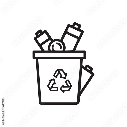 Vector art of line art icon of a trash can with batteries and a recycling symbol