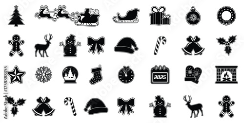 Collection of black and white christmas icons set. Vector illustrations for holiday decorations and seasonal graphics.